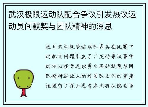 武汉极限运动队配合争议引发热议运动员间默契与团队精神的深思